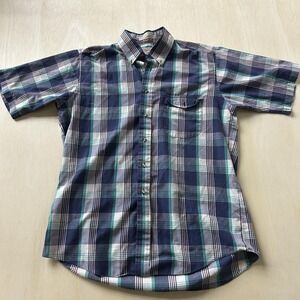 Vintage The Fox Collection Shirt Mens LT Blue Plaid Short Sleeve Button Up